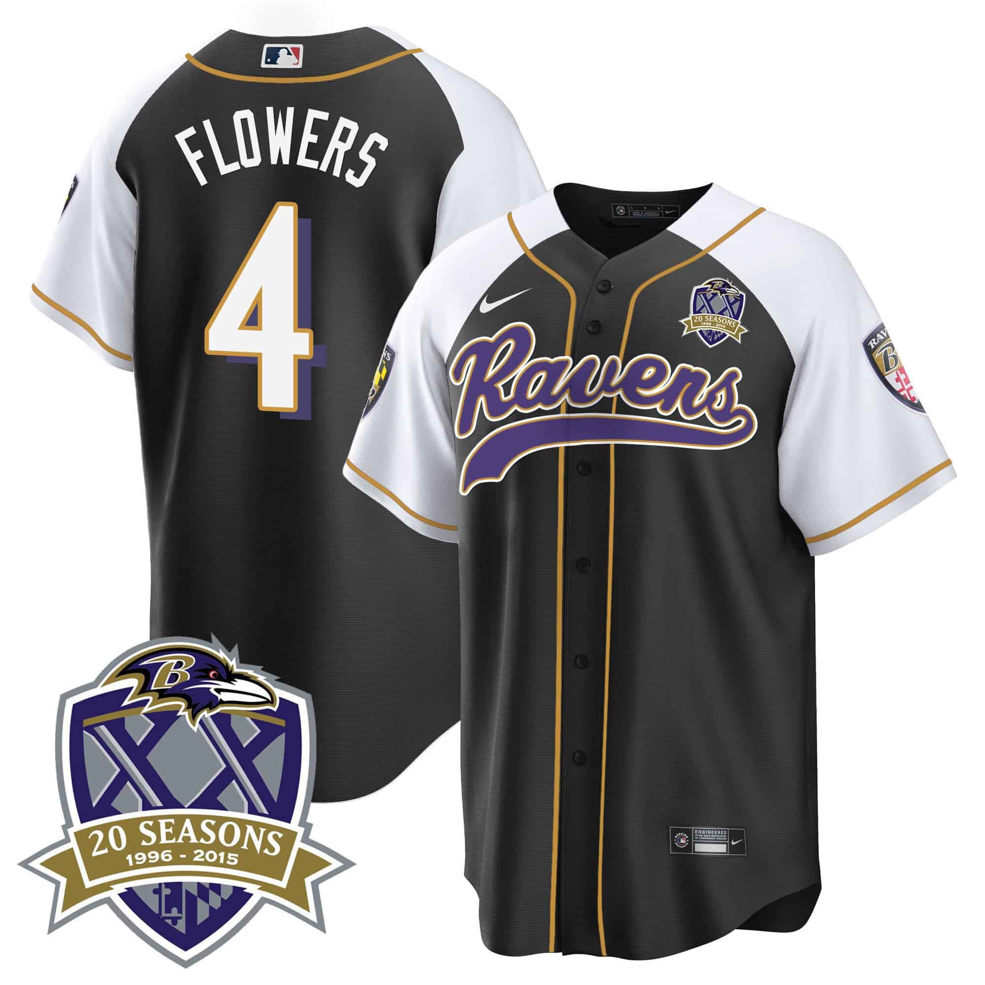 Men Baltimore Ravens #4 Flowers Black 2024 Nike 20th Season Patch Baseball NFL Jersey